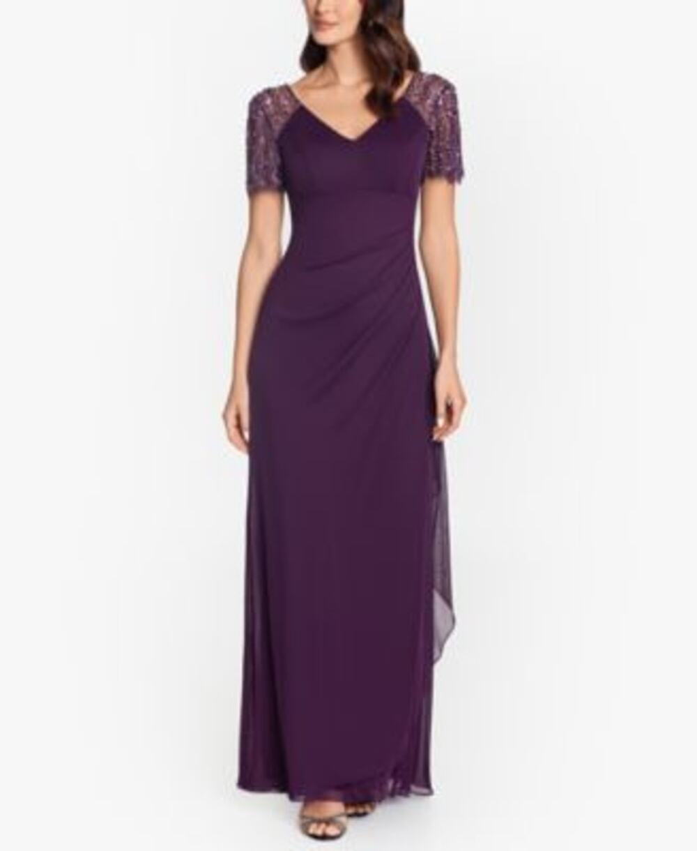Xscape Petite  Matte Jersey V-Neck Short Sleeve Beaded Ruched Sheath Purple P8